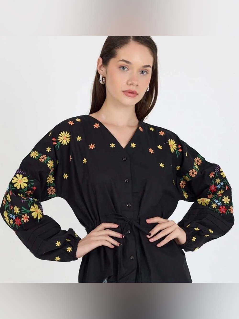 Embroidered Black Floral Tie-Waist Women’s Top